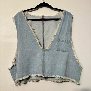 POL Light Blue Denim Frayed Pullover Tank/Vest